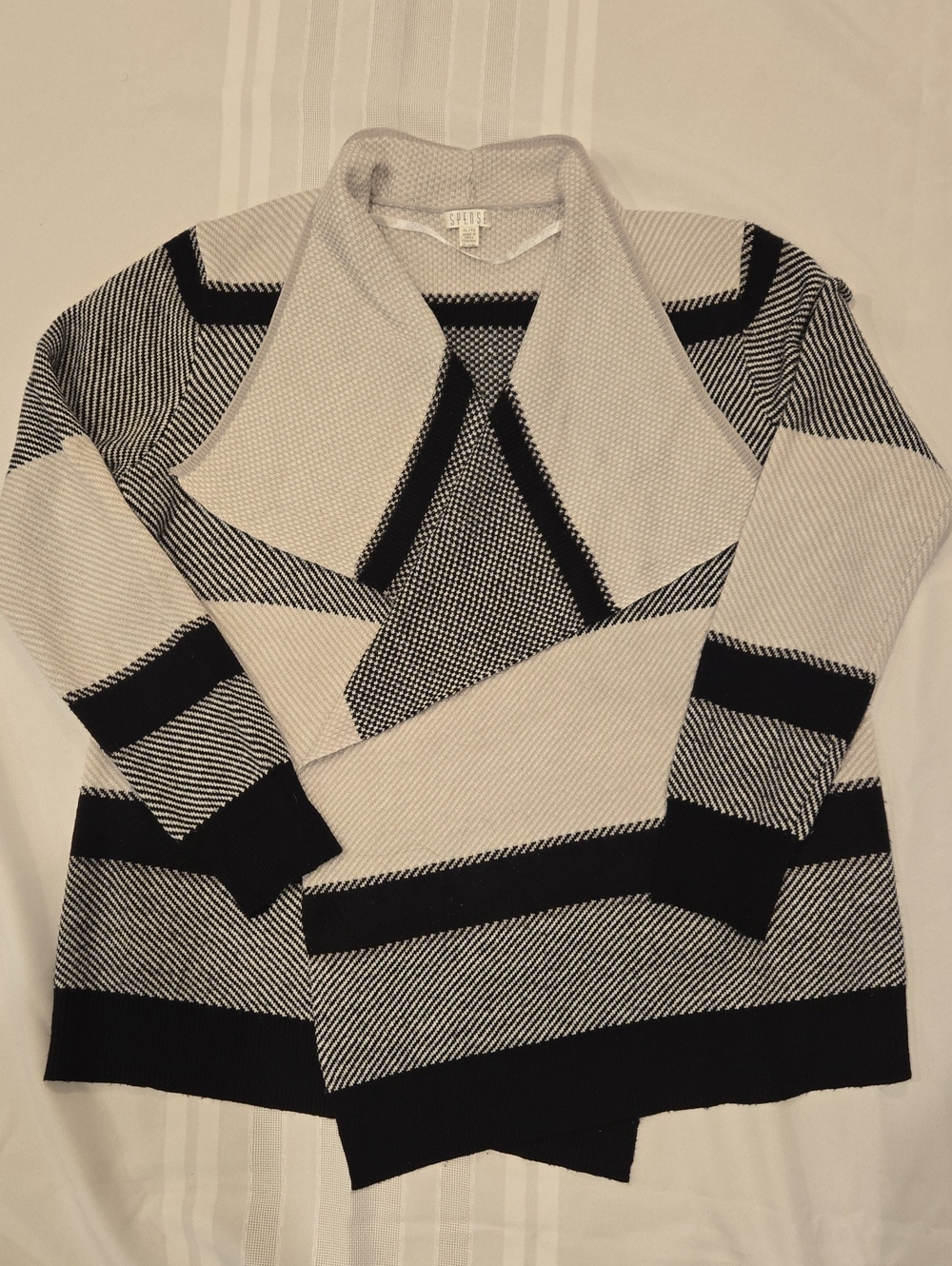 Spense Black, Cream & Taupe Open-Front Geometric Cardigan